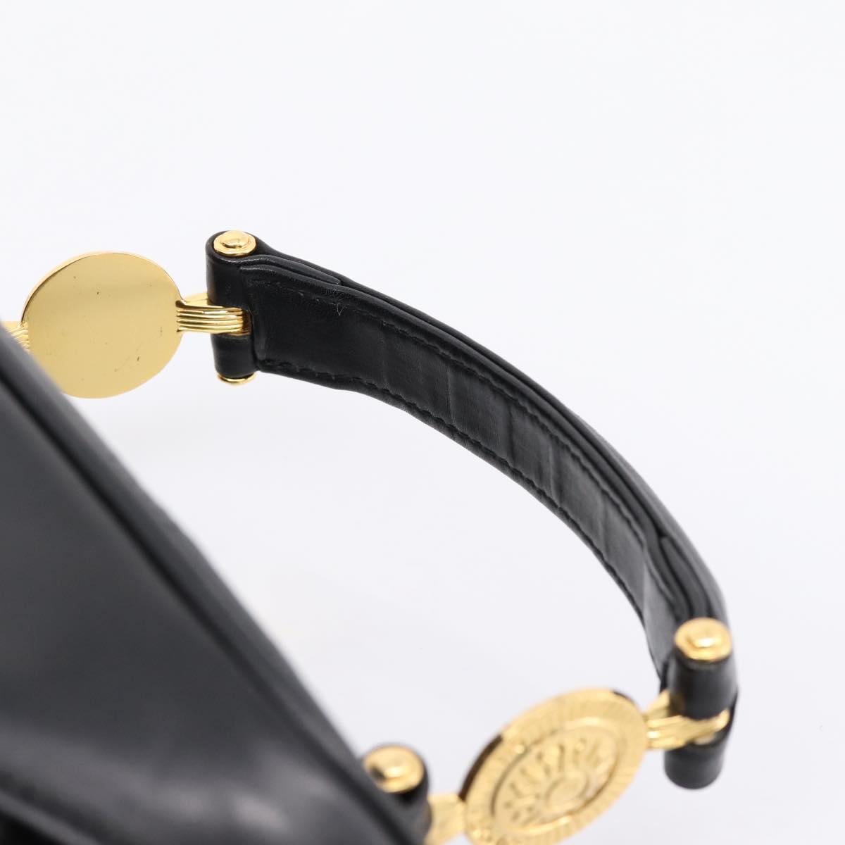 Gianni Versace Vanity Hand Bag Leather Black Gold Auth bs36840