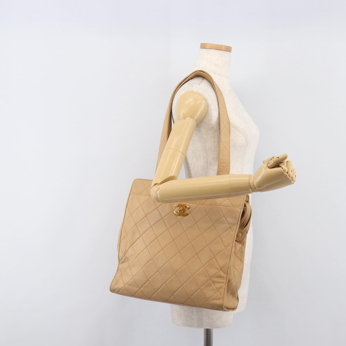 CHANEL Matelasse Shoulder Bag Lamb Skin Beige Gold CC Auth bs36843