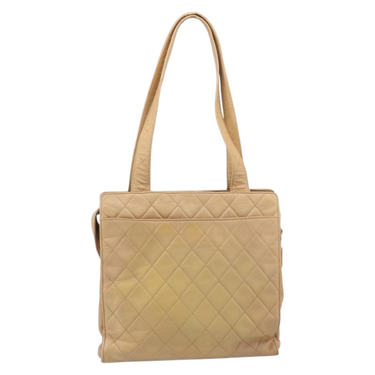CHANEL Matelasse Shoulder Bag Lamb Skin Beige Gold CC Auth bs36843
