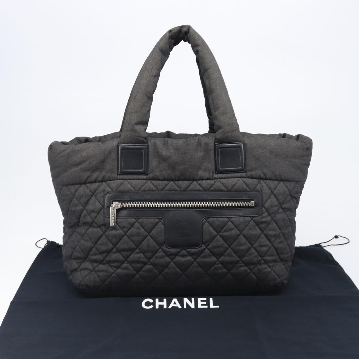 CHANEL Cococoon Tote Bag Canvas Black Silver CC Auth bs36844
