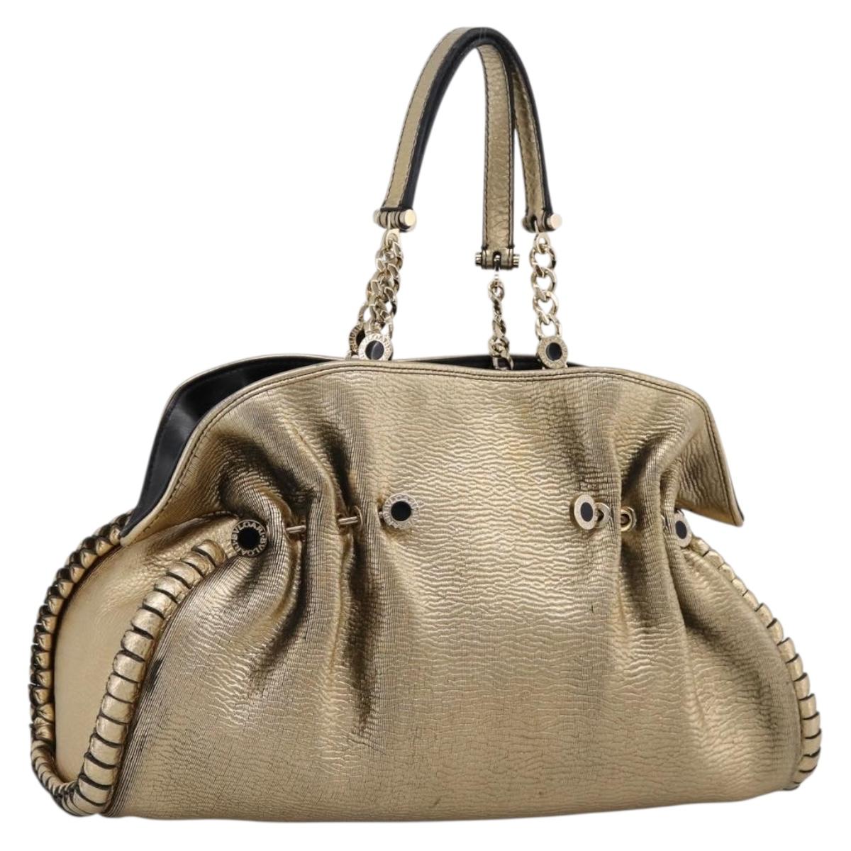BVLGARI Chain Hand Bag Leather Gold Tone Auth bs36845