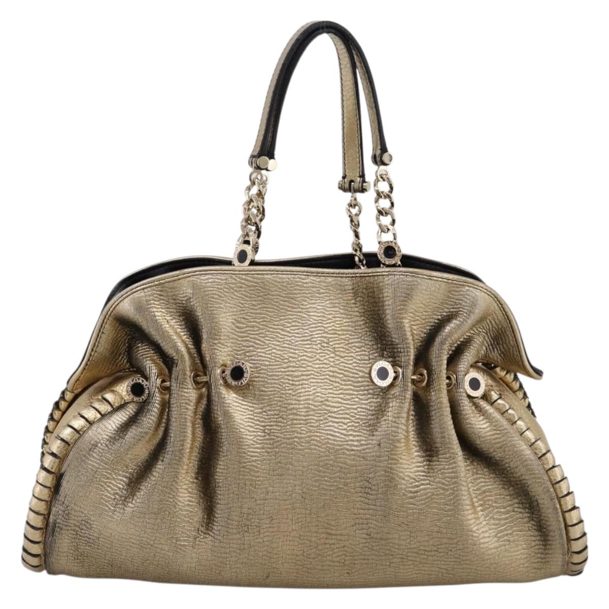 BVLGARI Chain Hand Bag Leather Gold Tone Auth bs36845