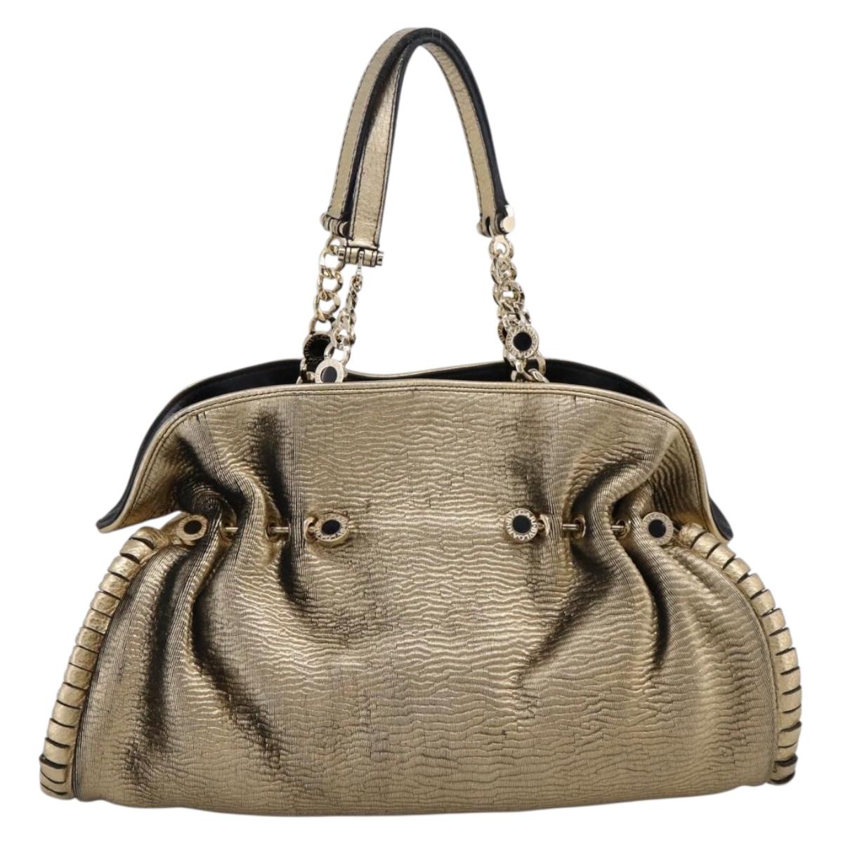 BVLGARI Chain Hand Bag Leather Gold Tone Auth bs36845