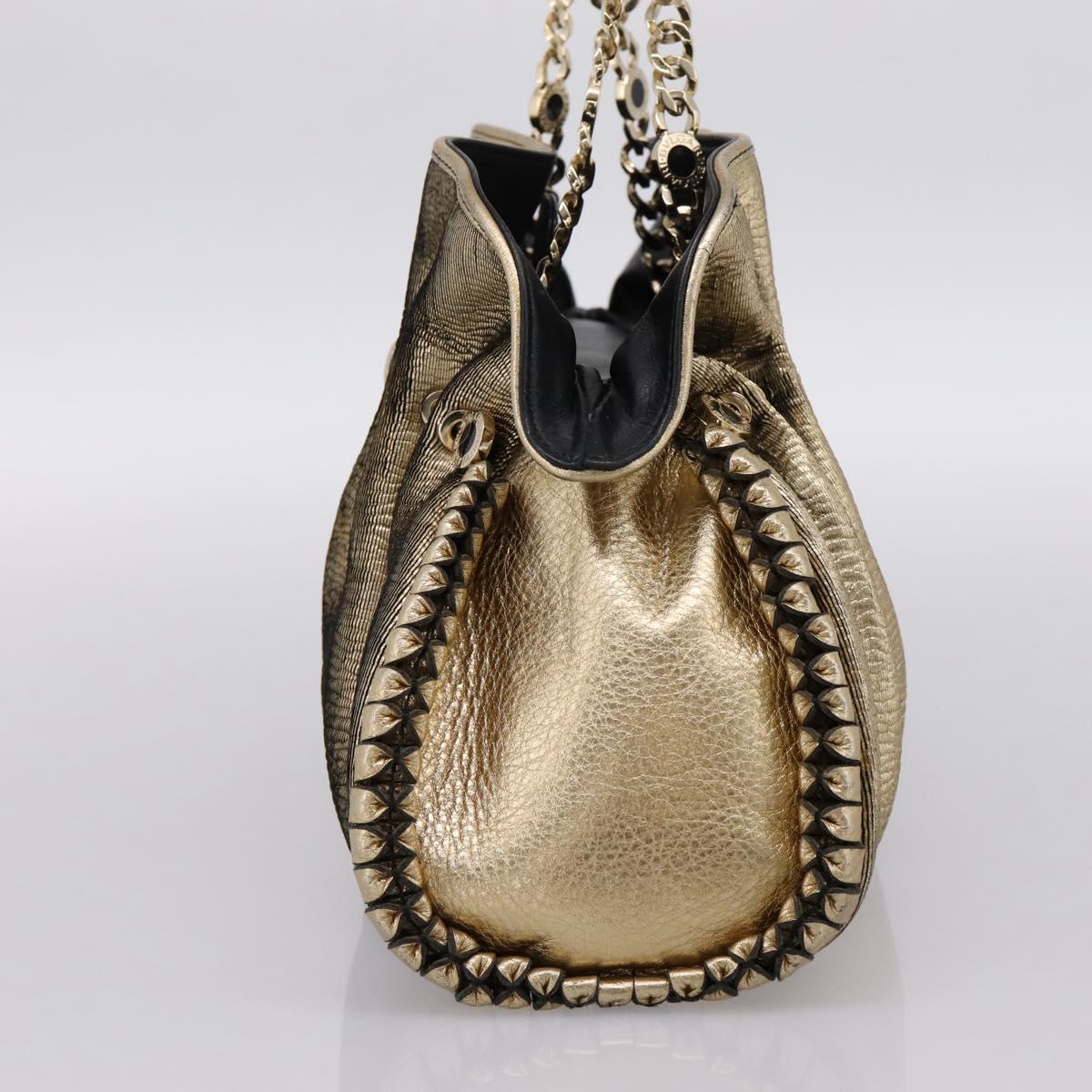 BVLGARI Chain Hand Bag Leather Gold Tone Auth bs36845