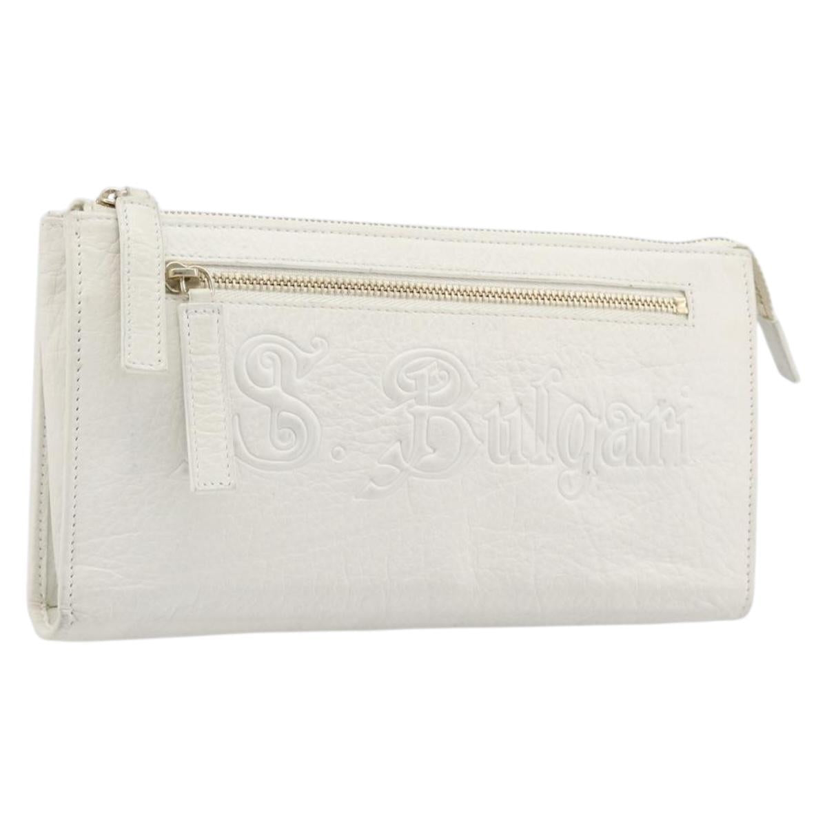 BVLGARI Clutch Bag Leather White Gold Auth bs36852