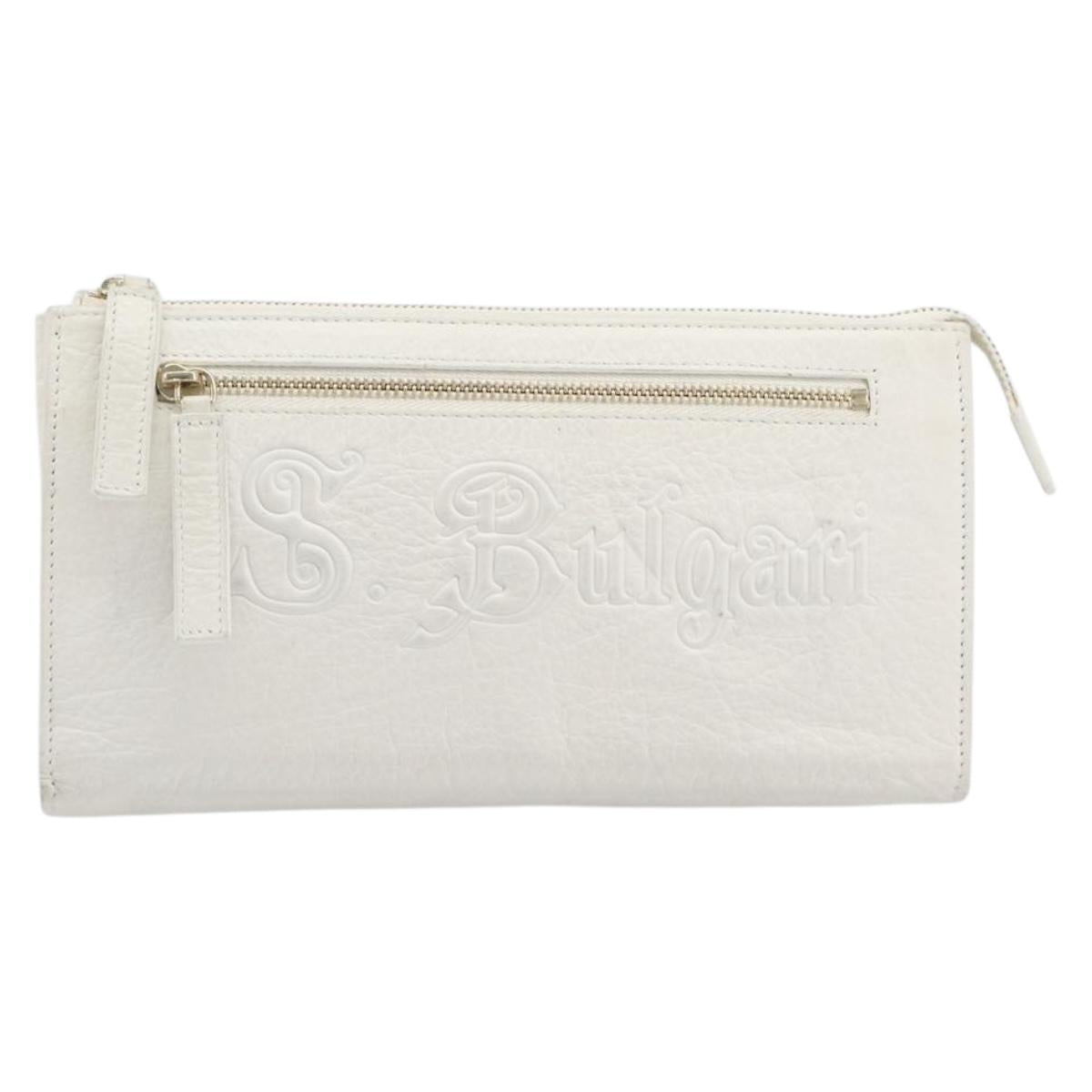 BVLGARI Clutch Bag Leather White Gold Auth bs36852