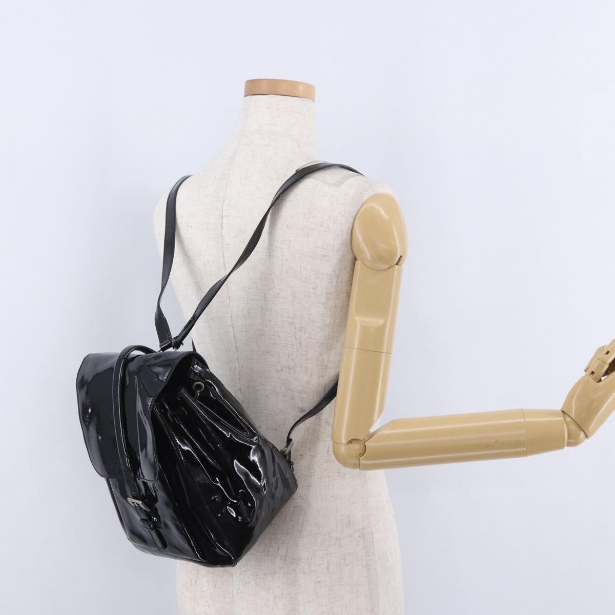 PRADA Backpack Patent Leather Black Silver Auth bs36857