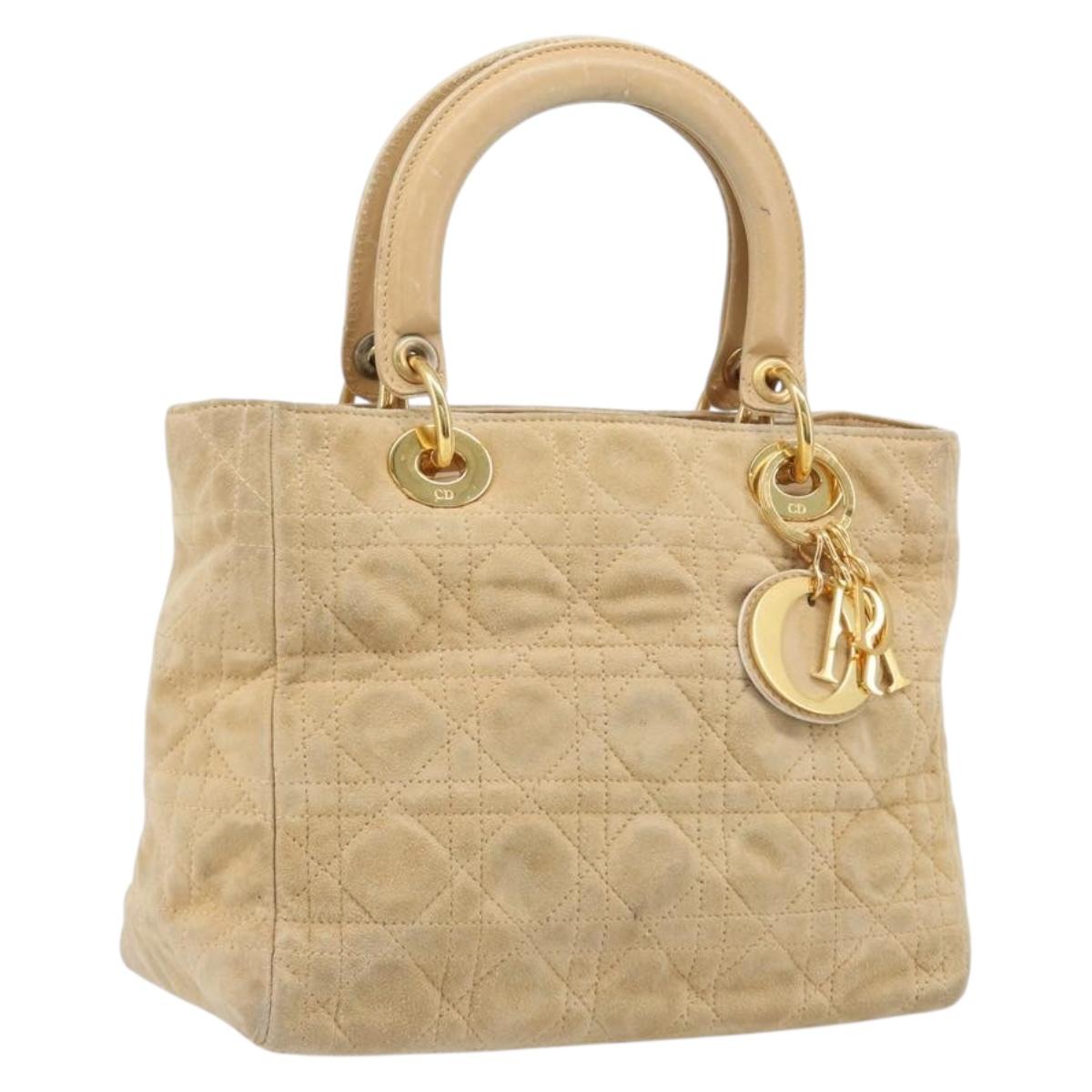 Christian Dior Canage Hand Bag Suede Beige Gold Auth bs36869