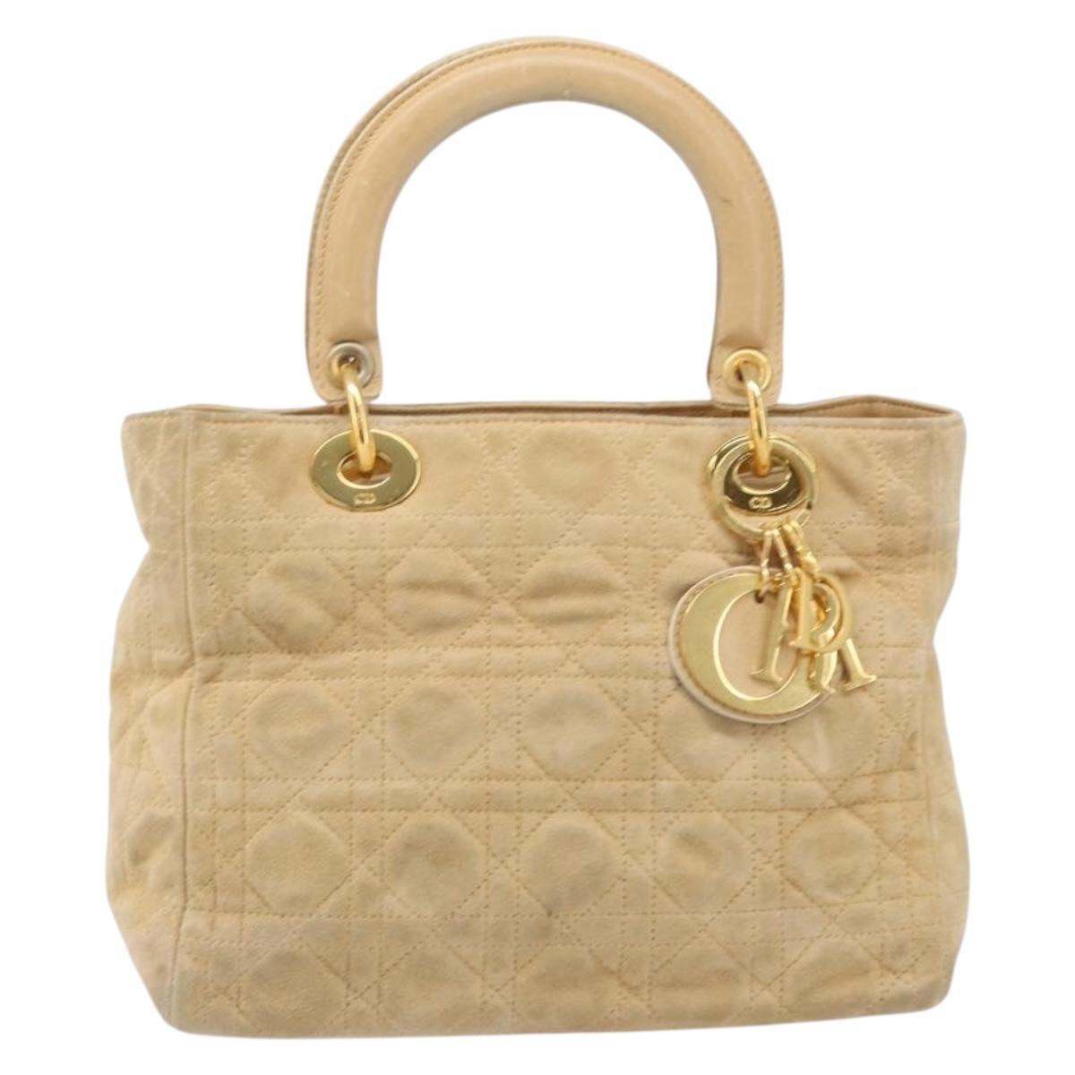 Christian Dior Canage Hand Bag Suede Beige Gold Auth bs36869