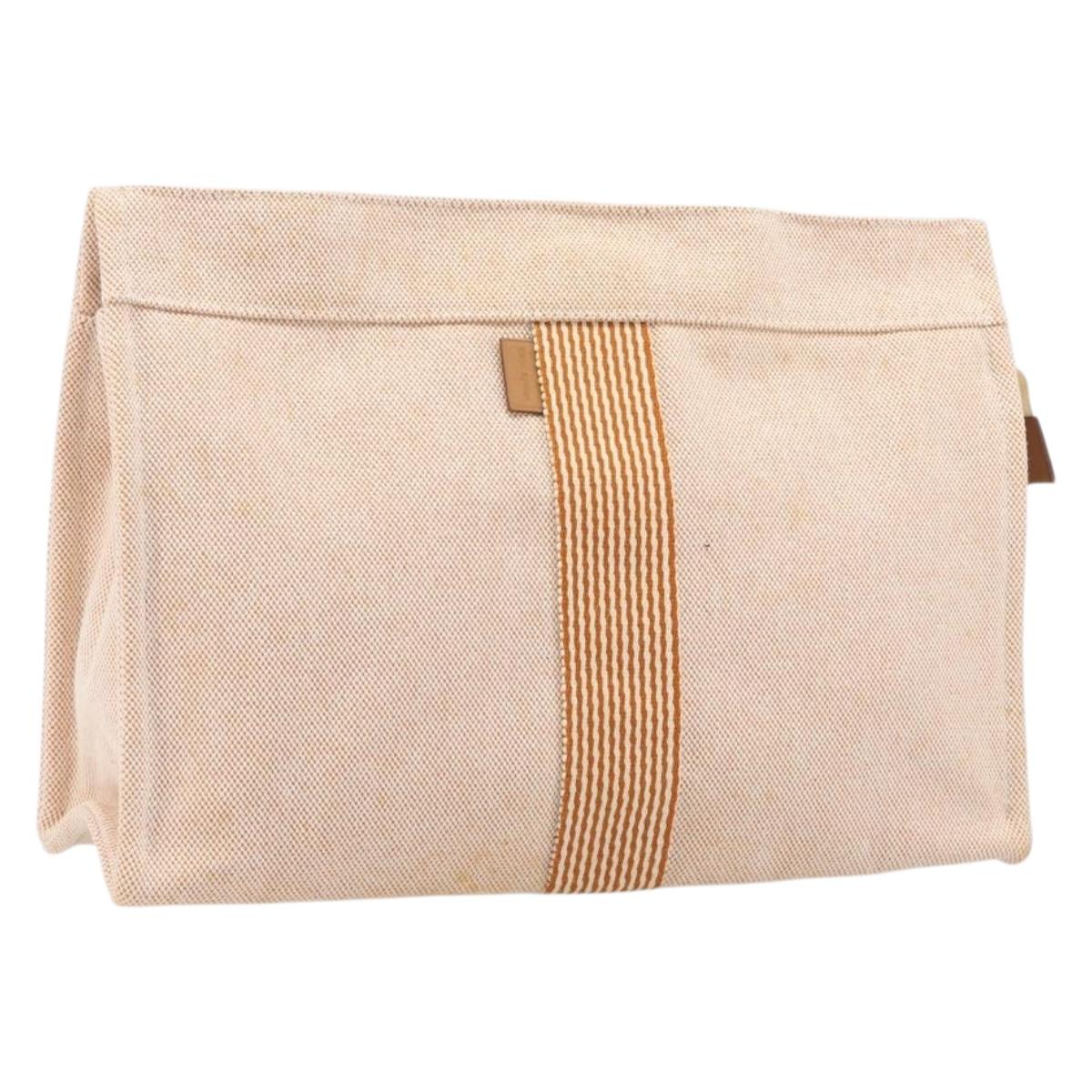 HERMES Fourre Tout Clutch Bag Canvas Beige Silver Auth bs36870
