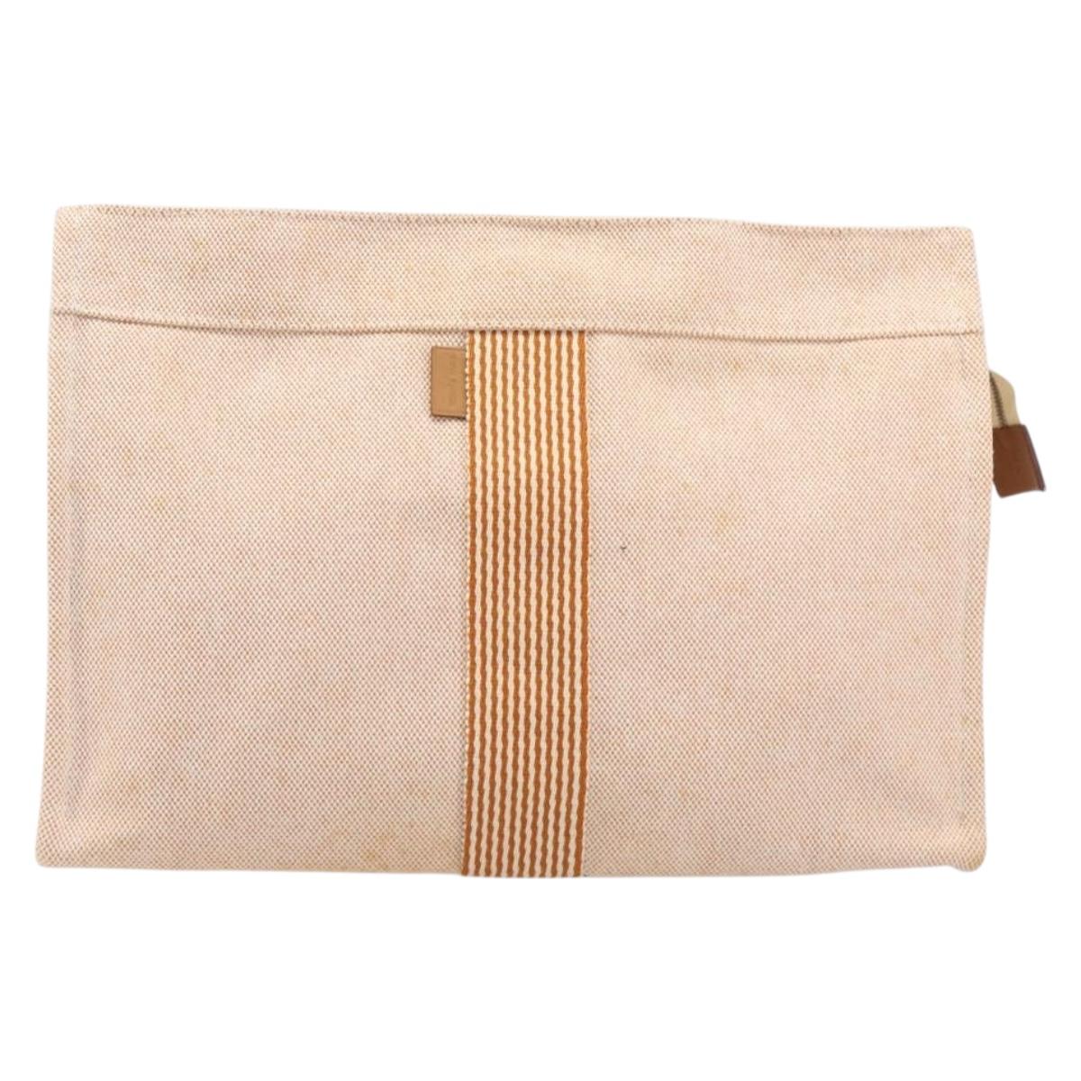 HERMES Fourre Tout Clutch Bag Canvas Beige Silver Auth bs36870