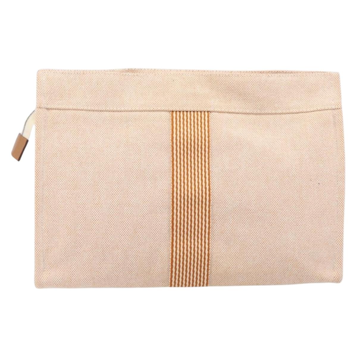 HERMES Fourre Tout Clutch Bag Canvas Beige Silver Auth bs36870