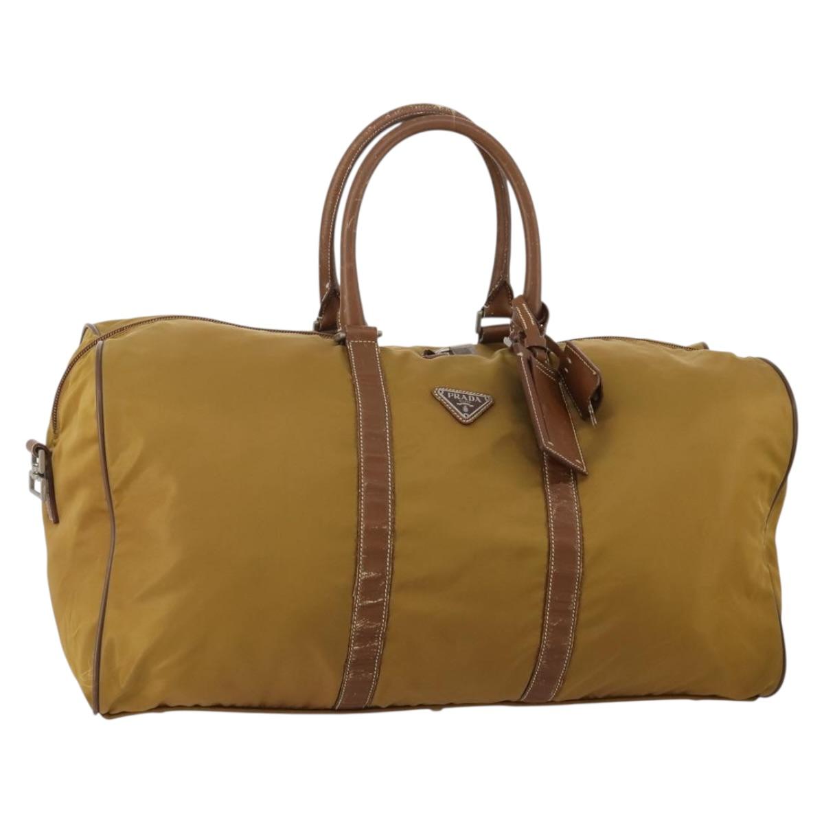 PRADA Boston Bag Nylon Beige Silver Auth bs36871