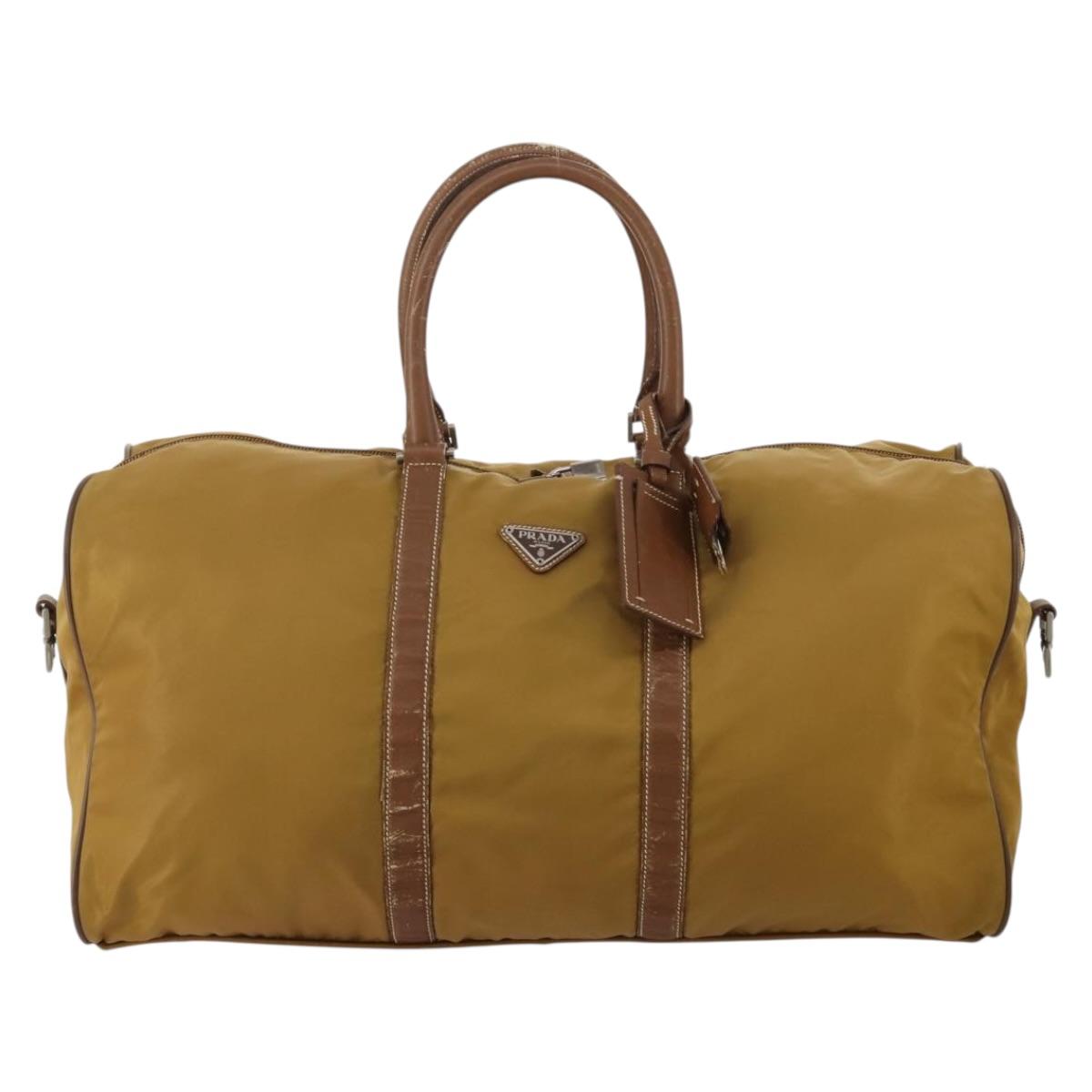 PRADA Boston Bag Nylon Beige Silver Auth bs36871
