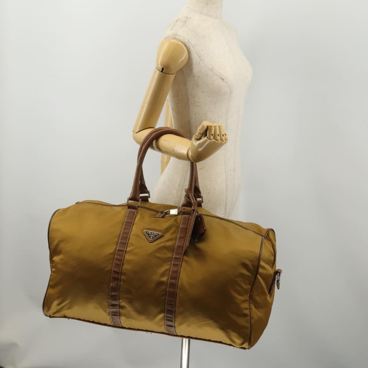 PRADA Boston Bag Nylon Beige Silver Auth bs36871
