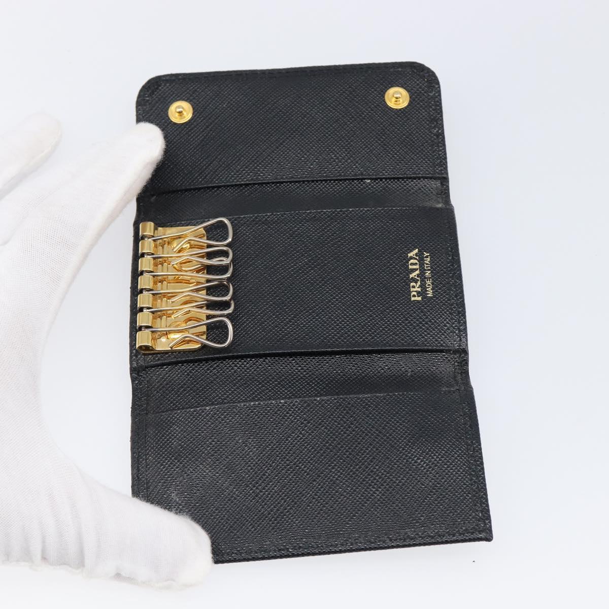 PRADA Key Case Safiano Leather Navy Gold Auth bs36879