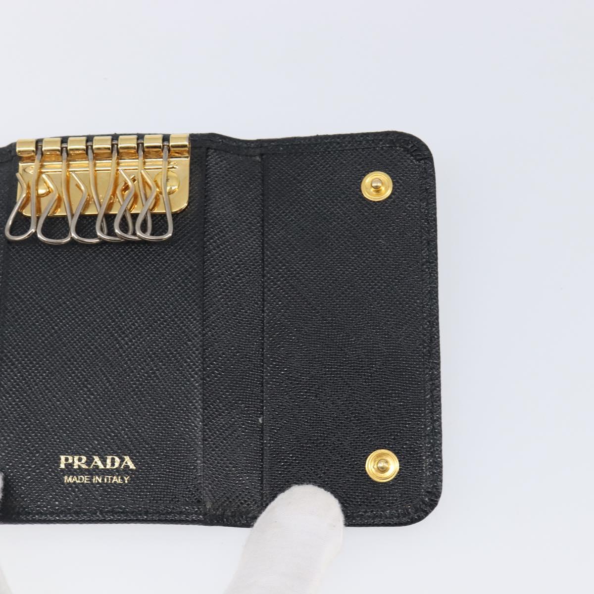 PRADA Key Case Safiano Leather Navy Gold Auth bs36879