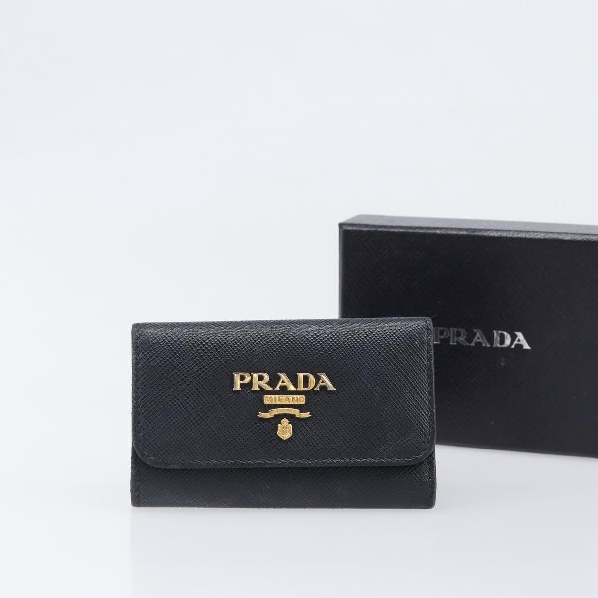 PRADA Key Case Safiano Leather Navy Gold Auth bs36879