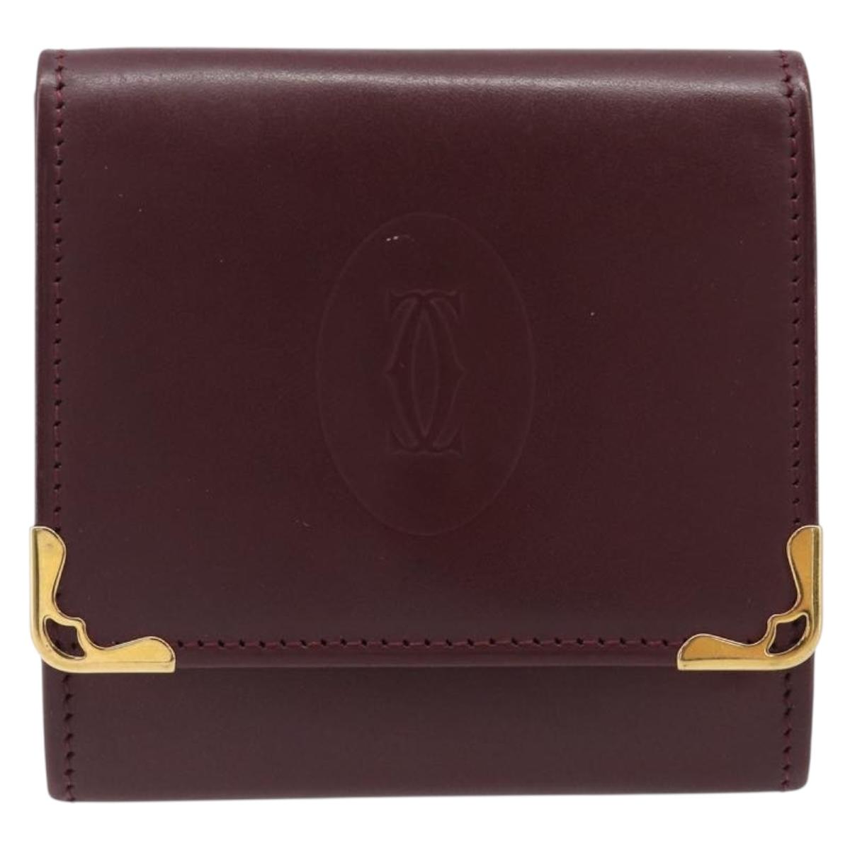 CARTIER Must Line Coin Purse Leather Bordeaux Gold Auth bs36880