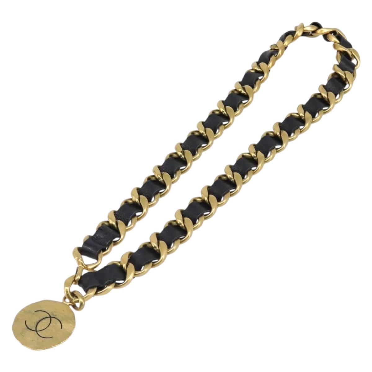 CHANEL Chain Belt Metal 29.1"" Black Gold CC Auth bs36890V