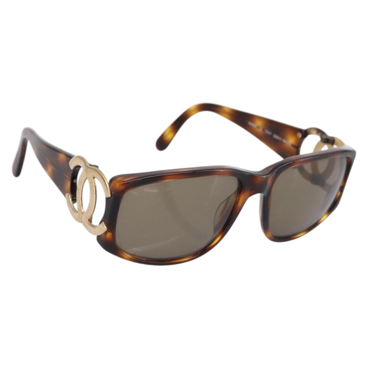 CHANEL Sunglasses Plastic Brown Gold CC Auth bs36899