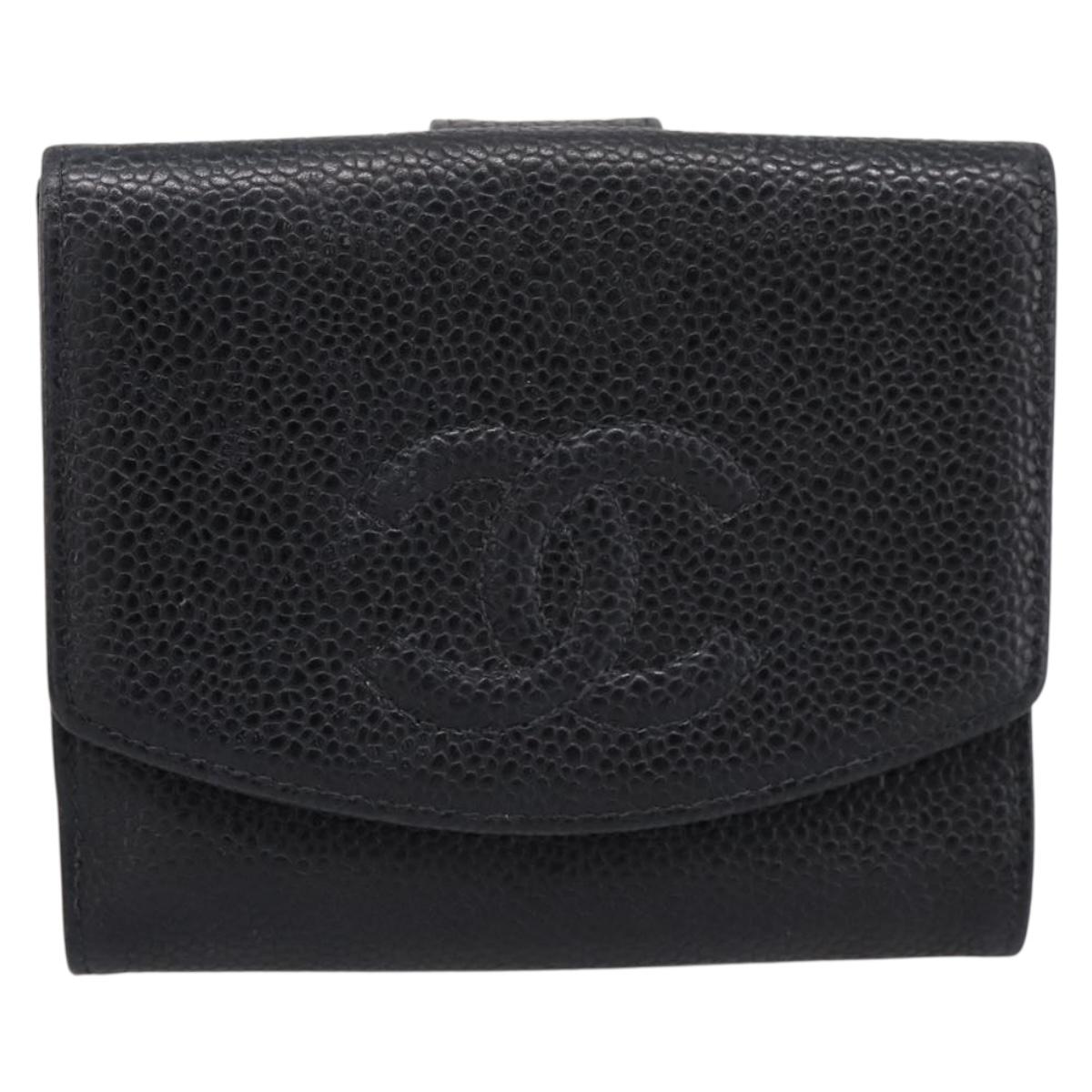 CHANEL COCO Mark Bifold Wallet Caviar Skin Black Gold CC Auth bs36909