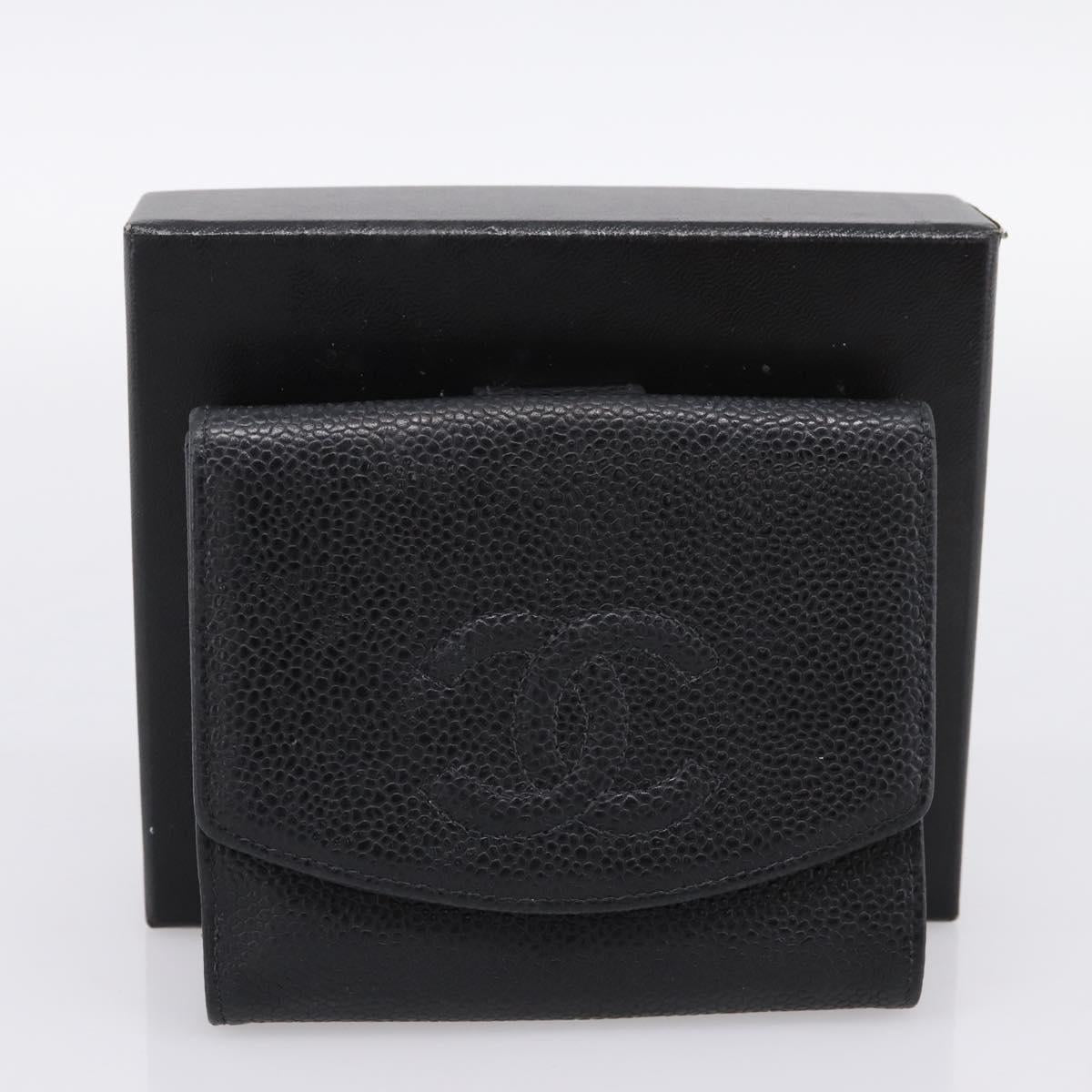 CHANEL COCO Mark Bifold Wallet Caviar Skin Black Gold CC Auth bs36909