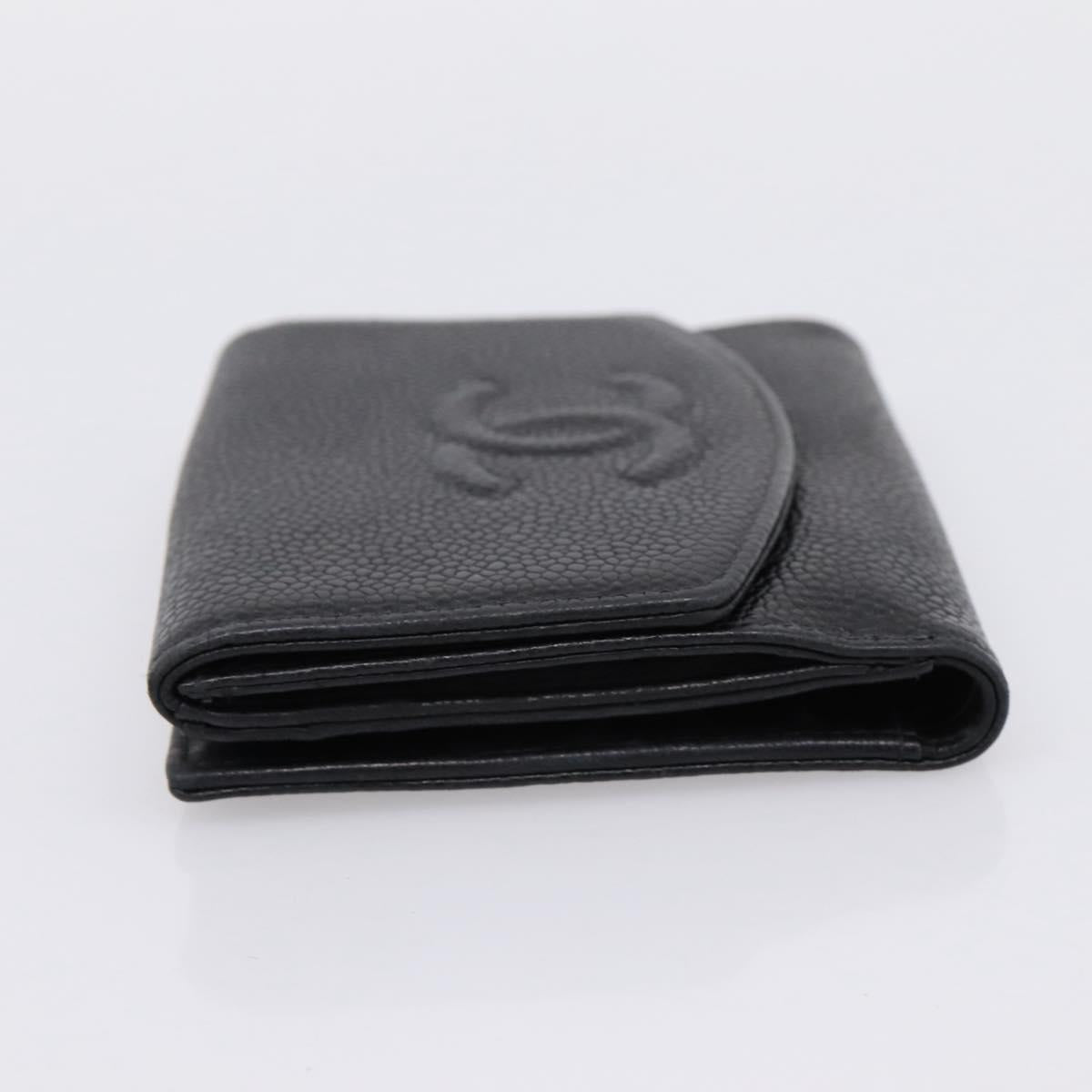 CHANEL COCO Mark Bifold Wallet Caviar Skin Black Gold CC Auth bs36909