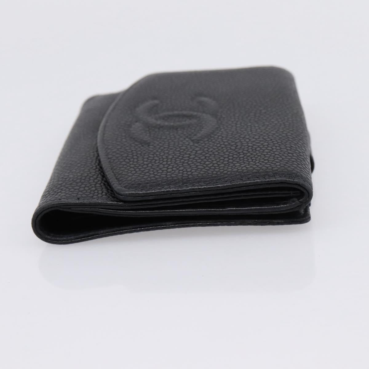 CHANEL COCO Mark Bifold Wallet Caviar Skin Black Gold CC Auth bs36909