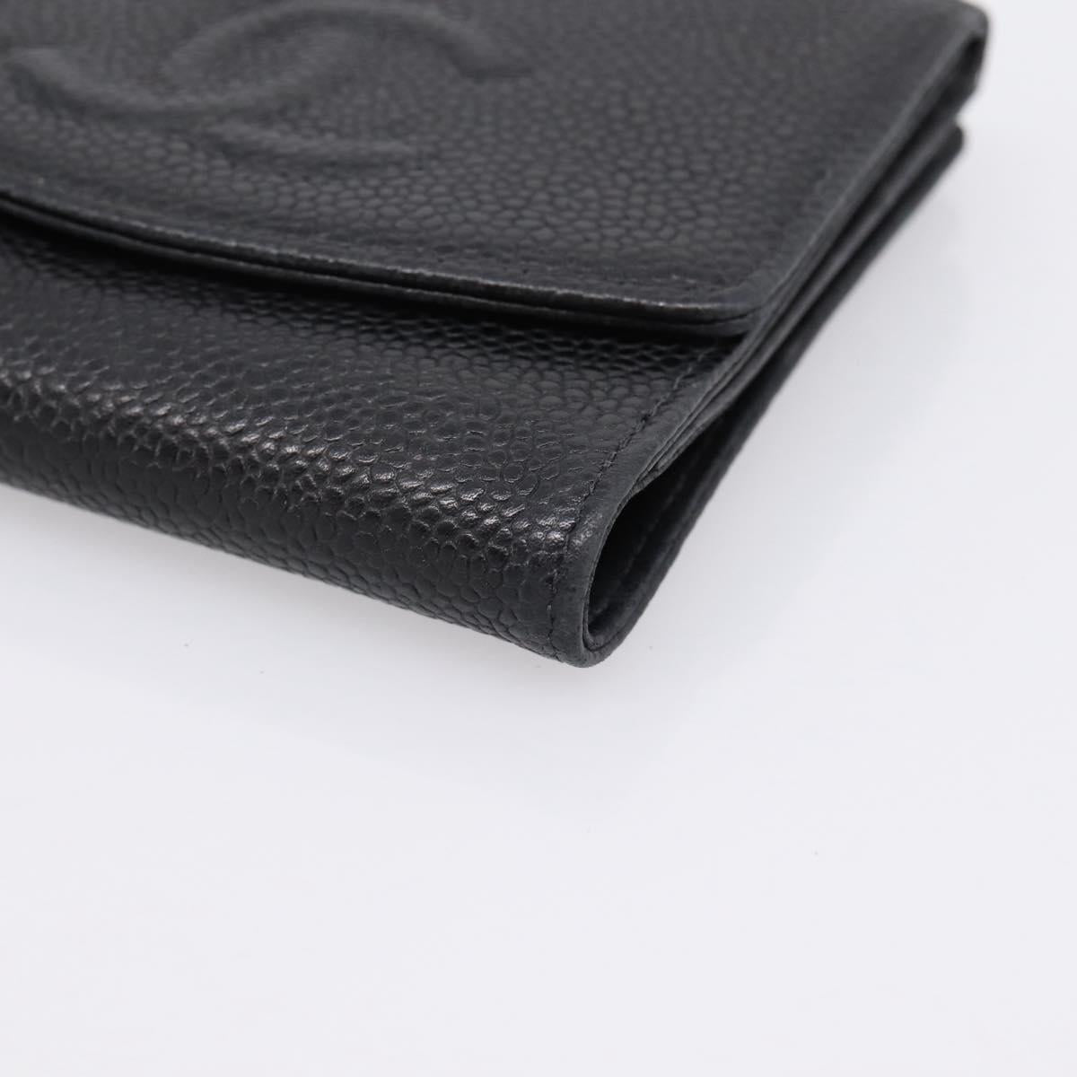 CHANEL COCO Mark Bifold Wallet Caviar Skin Black Gold CC Auth bs36909