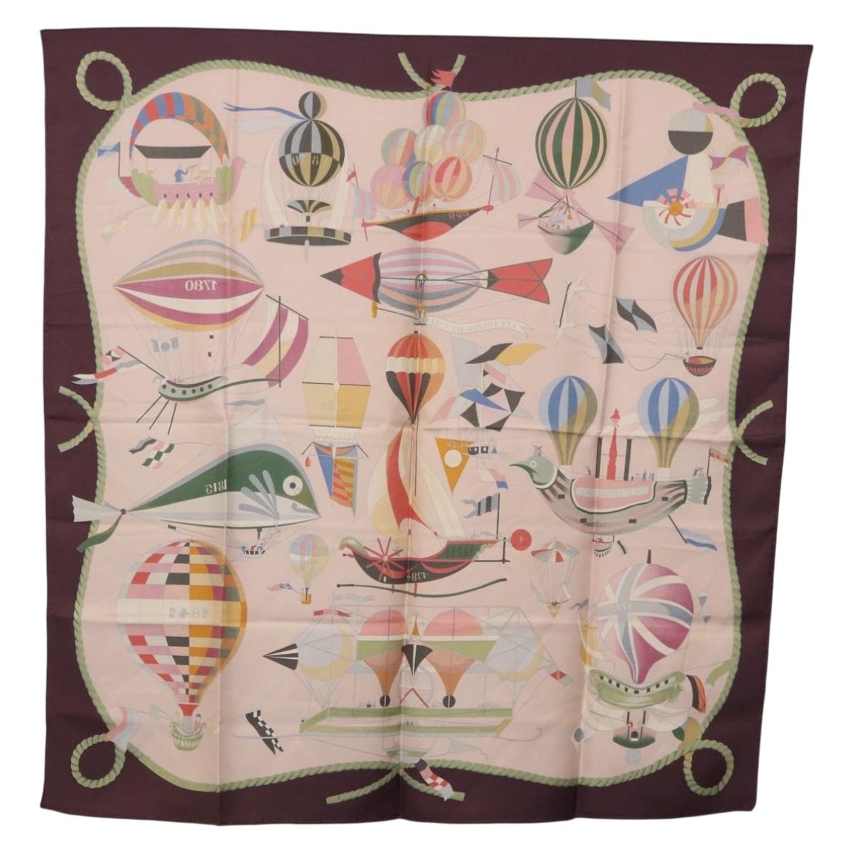 HERMES Carre 90 Scarf ""LES FOLIES DU CIEL"" Silk Pink Auth bs36920
