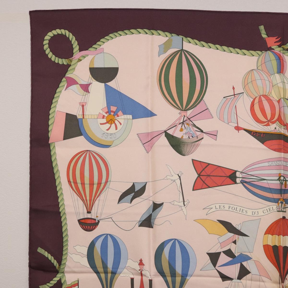 HERMES Carre 90 Scarf ""LES FOLIES DU CIEL"" Silk Pink Auth bs36920