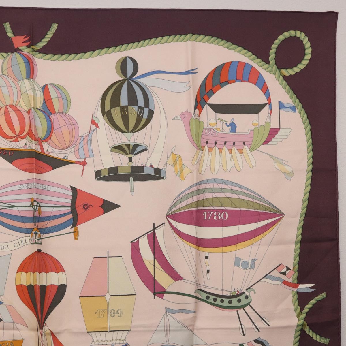 HERMES Carre 90 Scarf ""LES FOLIES DU CIEL"" Silk Pink Auth bs36920