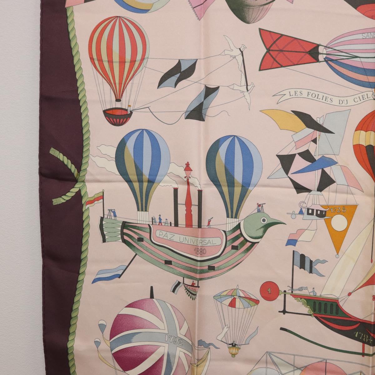 HERMES Carre 90 Scarf ""LES FOLIES DU CIEL"" Silk Pink Auth bs36920