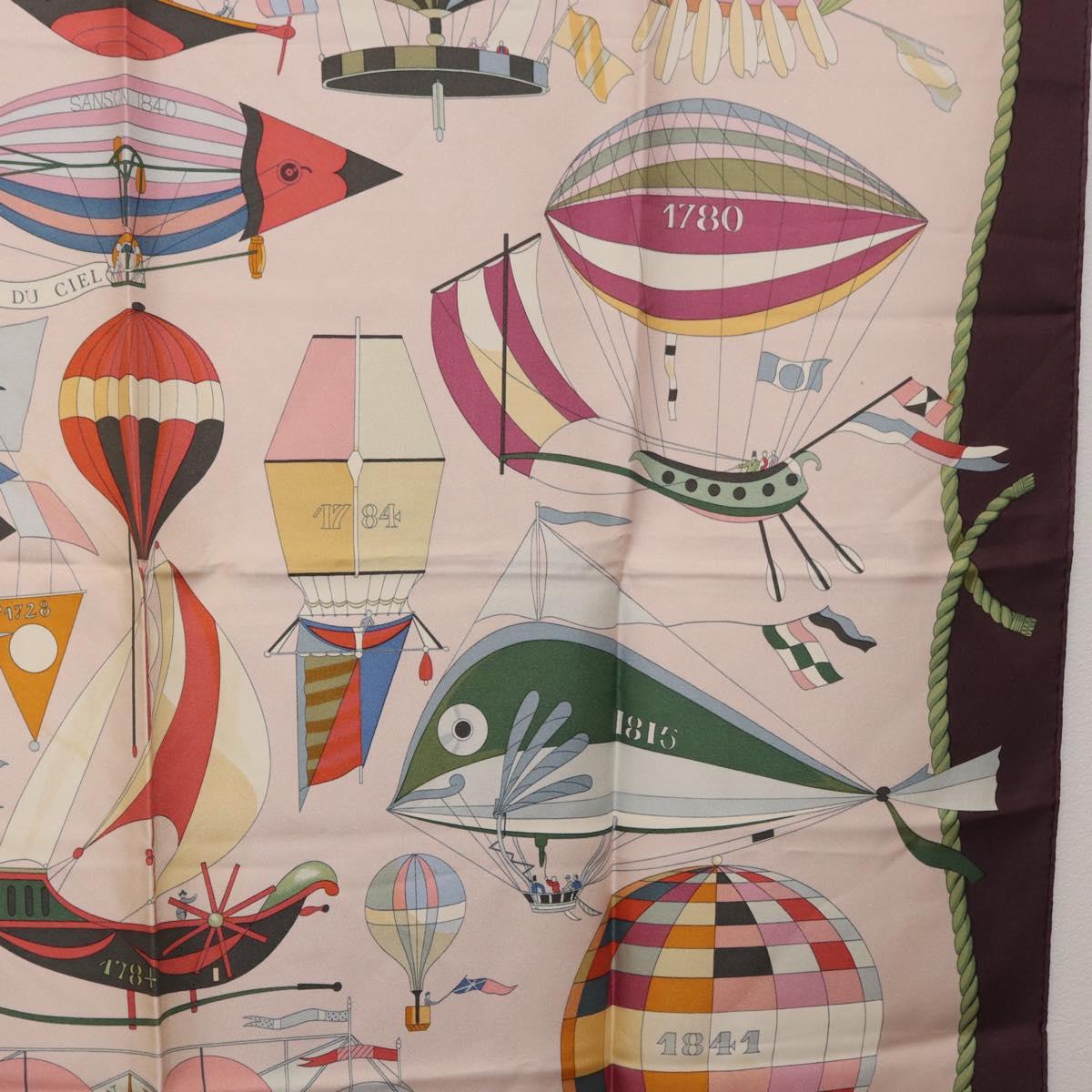HERMES Carre 90 Scarf ""LES FOLIES DU CIEL"" Silk Pink Auth bs36920