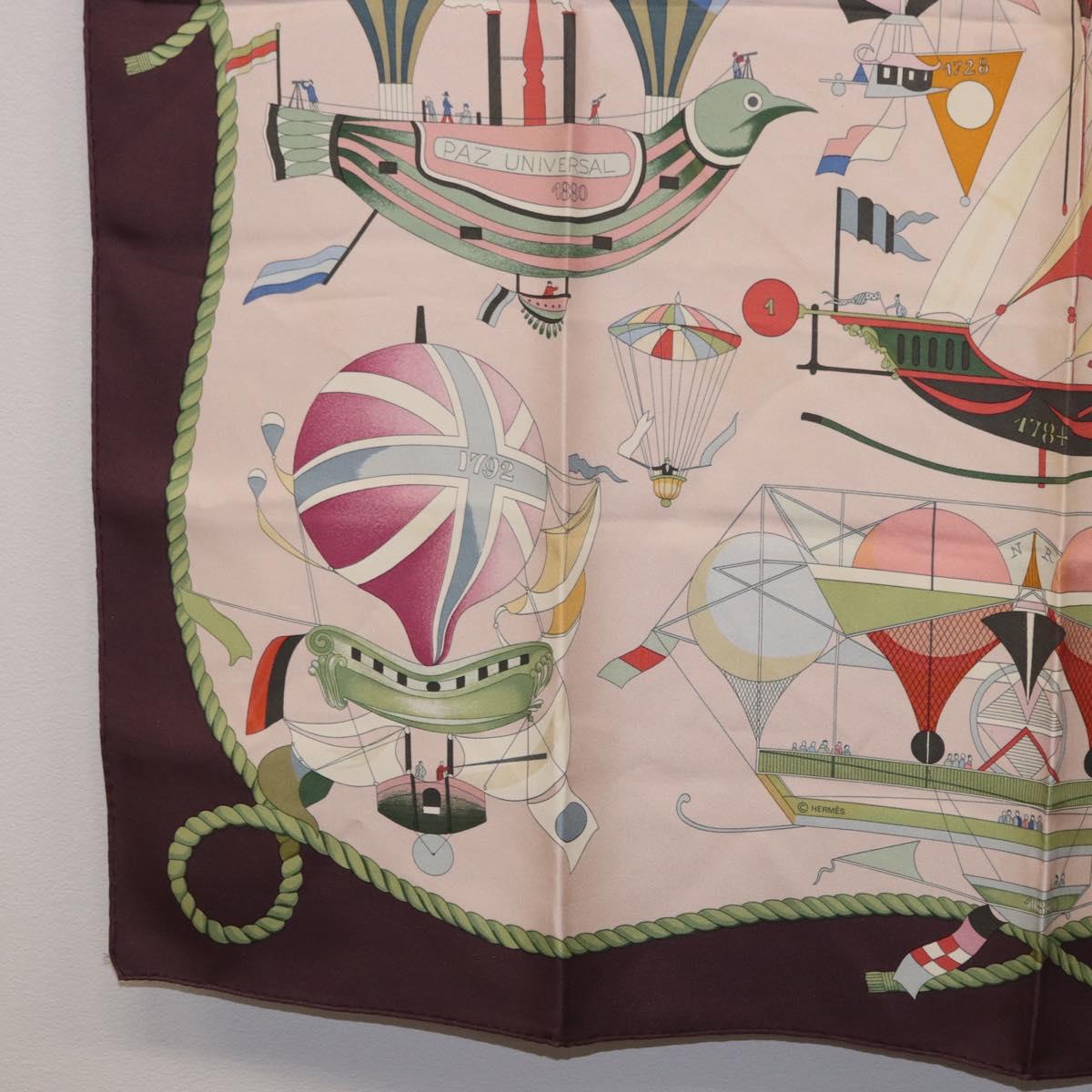 HERMES Carre 90 Scarf ""LES FOLIES DU CIEL"" Silk Pink Auth bs36920