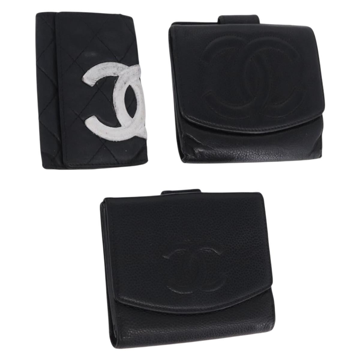 CHANEL Wallet Leather 3 Set Black CC Auth bs36923