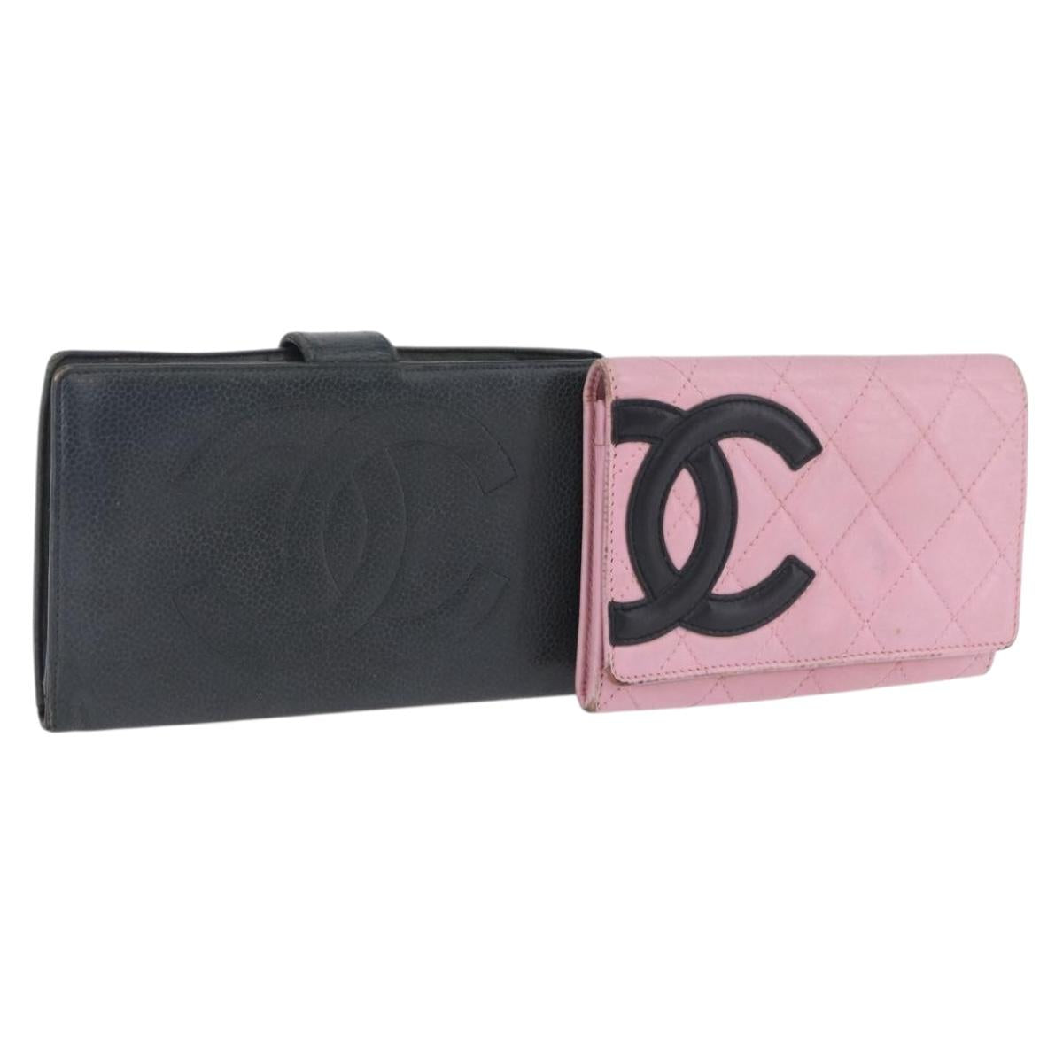 CHANEL Wallet Leather 2 Set Black Pink CC Auth bs36924