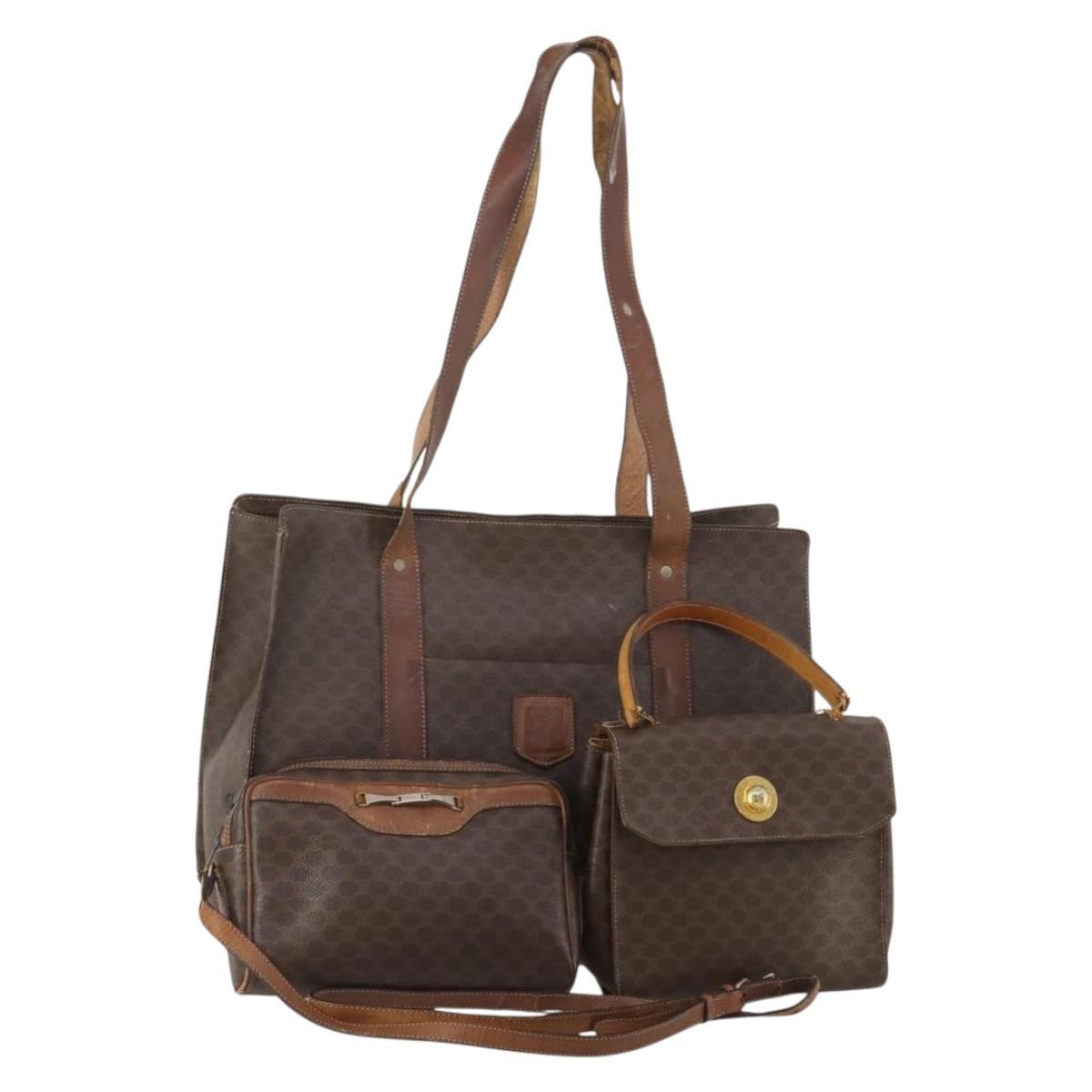 CELINE Macadam Canvas Shoulder Bag PVC Leather 3 Set Brown Auth bs36930