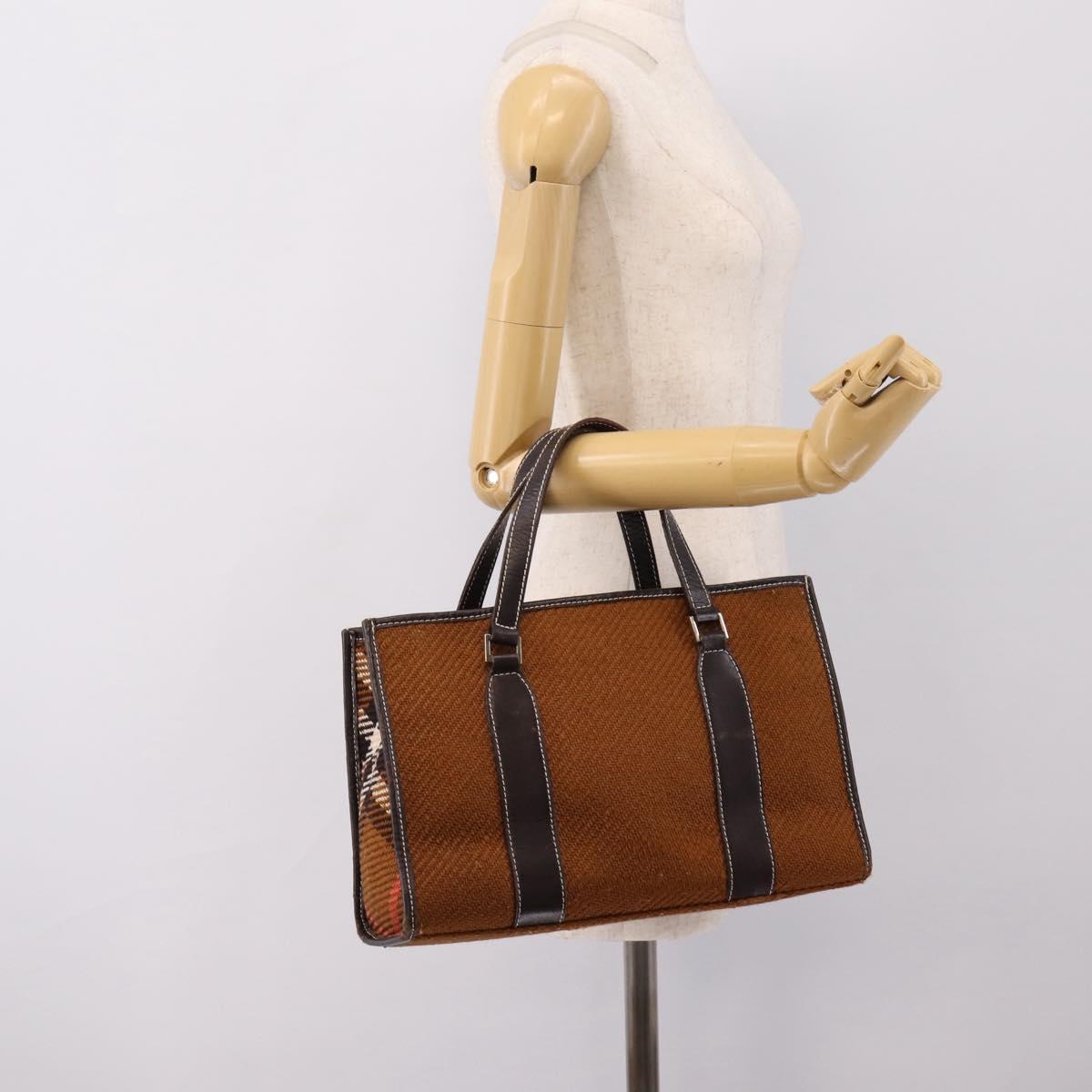 BURBERRY Nova Check Blue Label Hand Bag Wool Brown Gold Auth bs36933