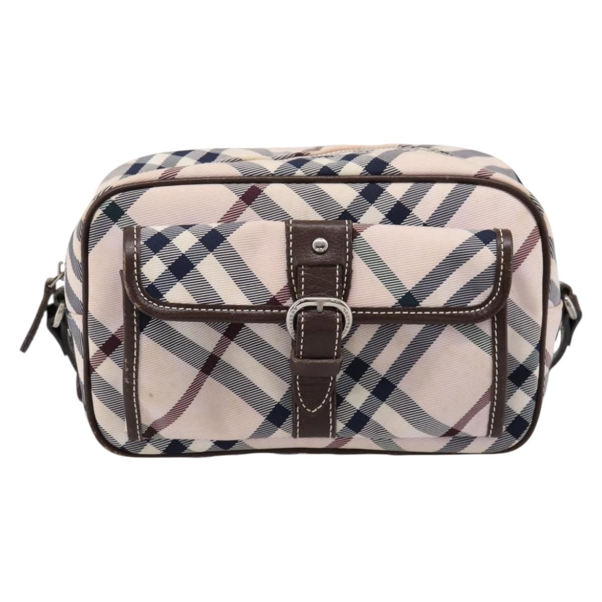 BURBERRY Nova Check Blue Label Shoulder Bag Canvas Beige Silver Auth bs36934