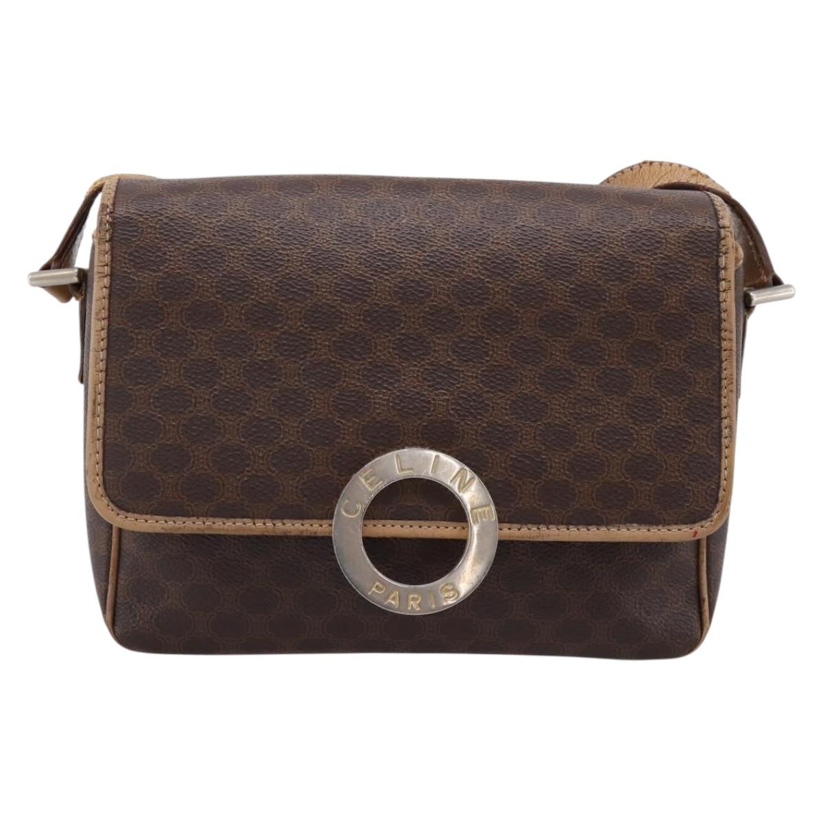 CELINE Macadam Canvas Shoulder Bag PVC Leather Brown Gold Auth bs36938