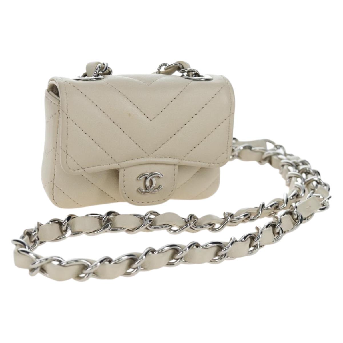 CHANEL V-stitch Classic Mini Chain Bag Lamb Skin Beige Silver CC Auth bs36939M