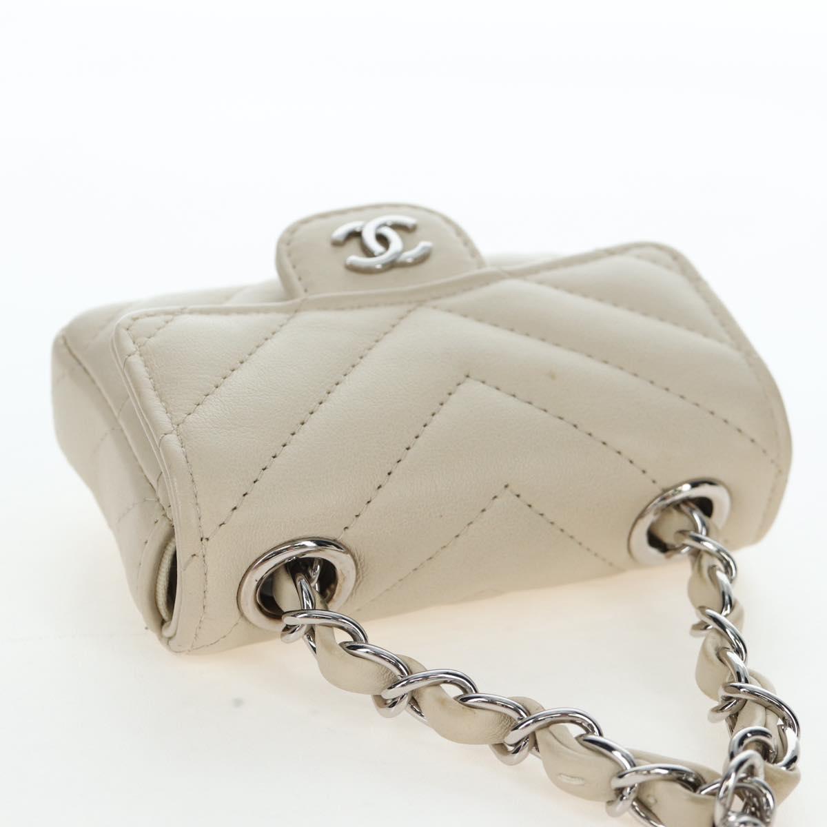 CHANEL V-stitch Classic Mini Chain Bag Lamb Skin Beige Silver CC Auth bs36939M