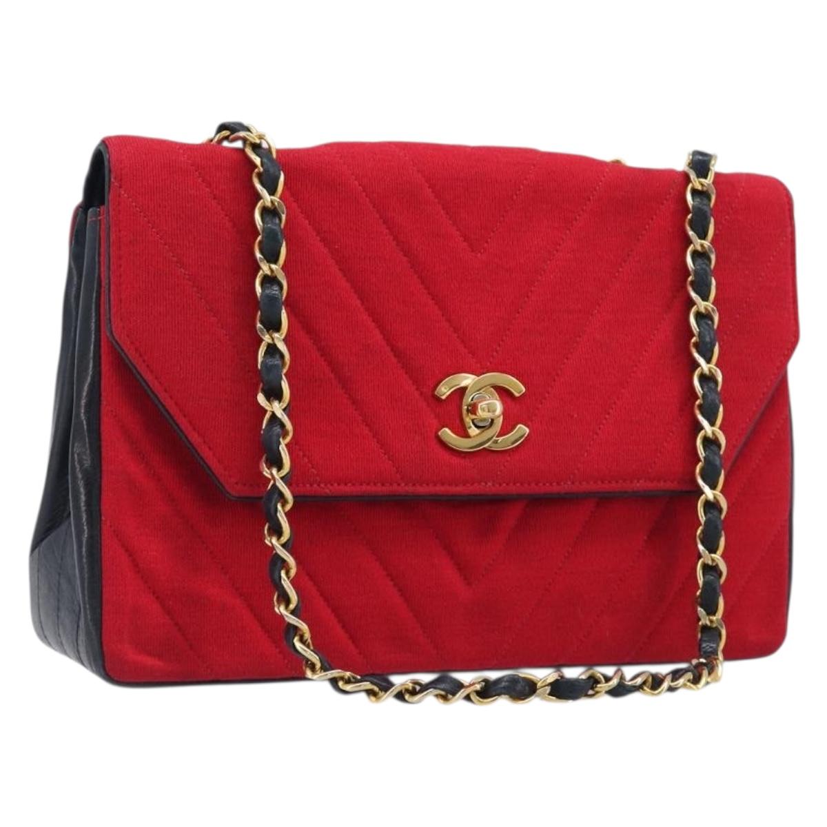 CHANEL Chain V Stitch Shoulder Bag Cotton Red Gold CC Auth bs36943A