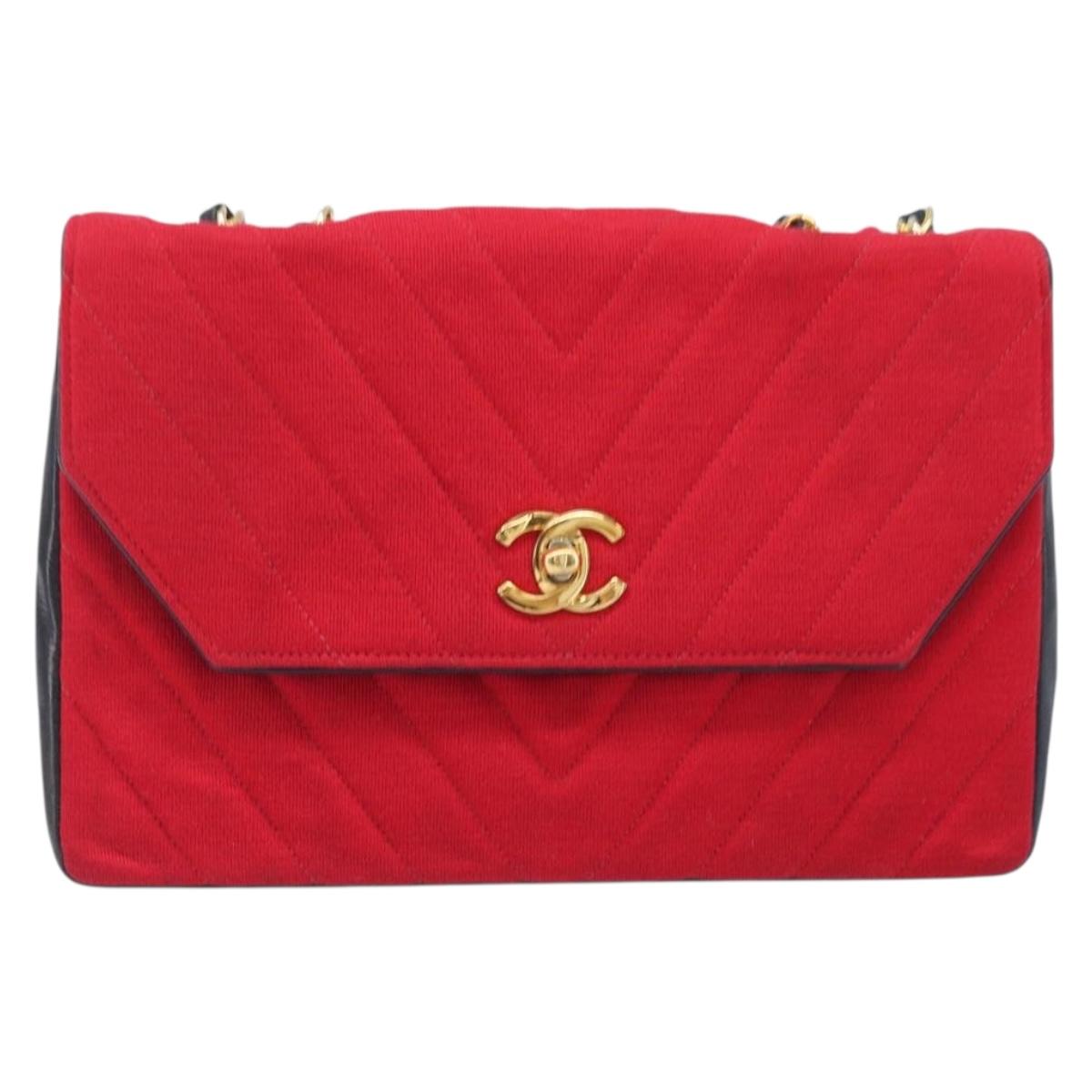 CHANEL Chain V Stitch Shoulder Bag Cotton Red Gold CC Auth bs36943A