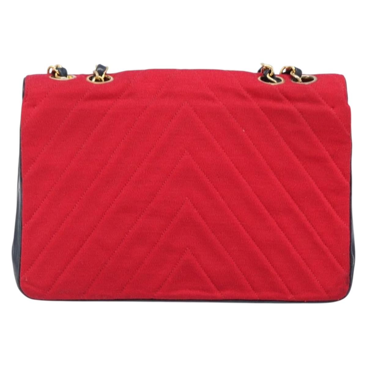 CHANEL Chain V Stitch Shoulder Bag Cotton Red Gold CC Auth bs36943A