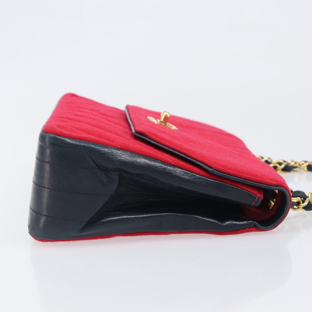 CHANEL Chain V Stitch Shoulder Bag Cotton Red Gold CC Auth bs36943A