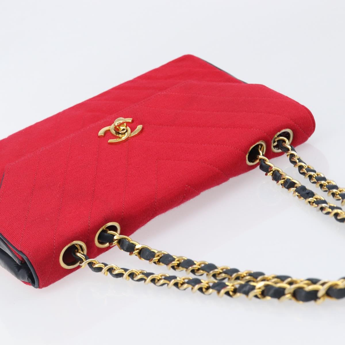 CHANEL Chain V Stitch Shoulder Bag Cotton Red Gold CC Auth bs36943A
