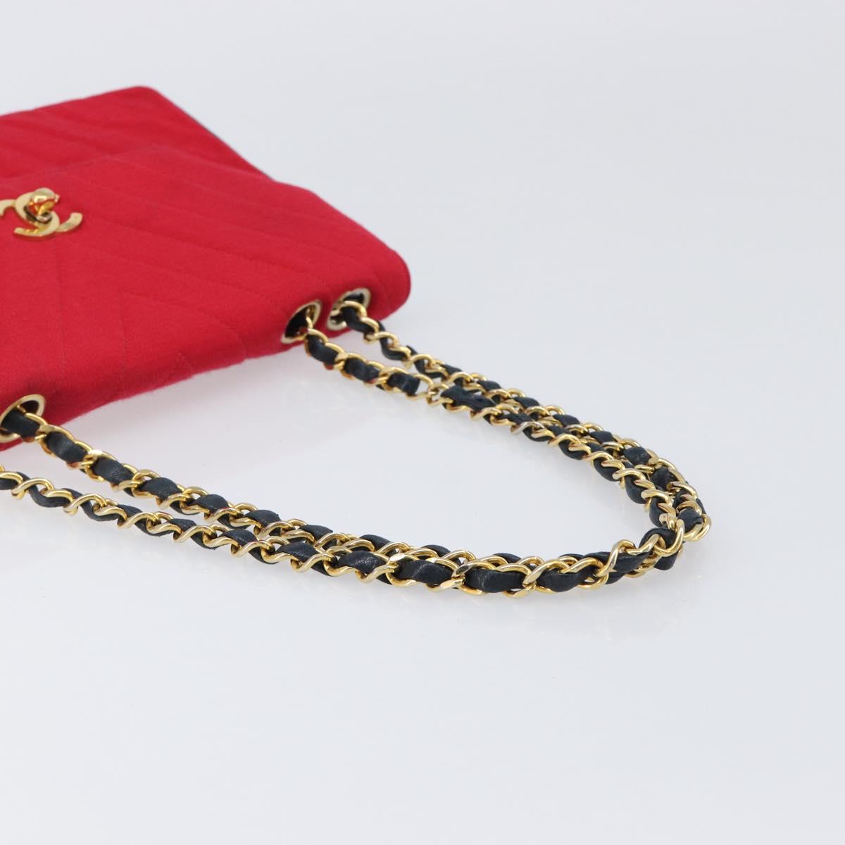 CHANEL Chain V Stitch Shoulder Bag Cotton Red Gold CC Auth bs36943A